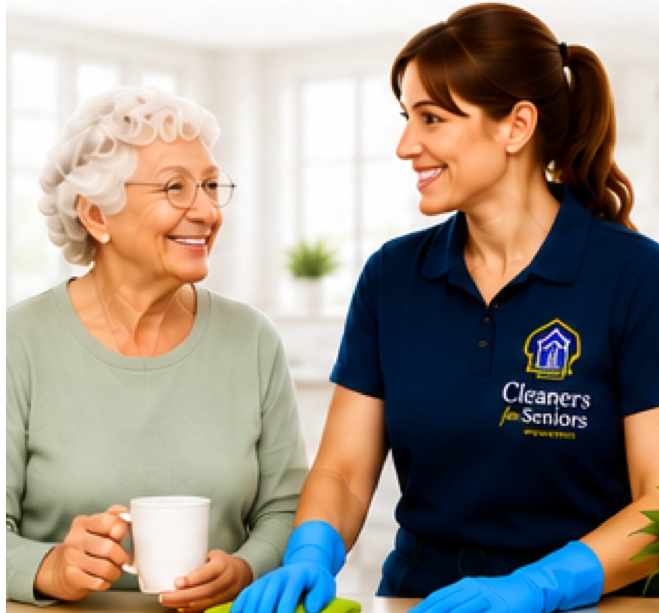 A Cleaners for Seniors team member smiling with an older adult in a bright, tidy kitchen