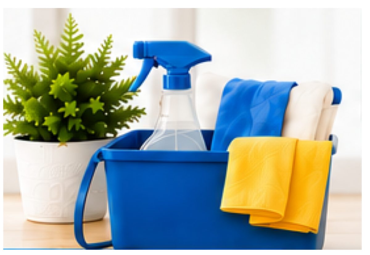 A bucket of cleaning supplies beside a potted plant